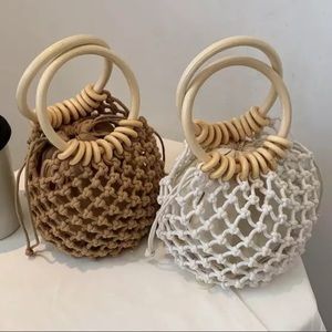 Wooden Ring Net Bag Lined Woven Beach Bag